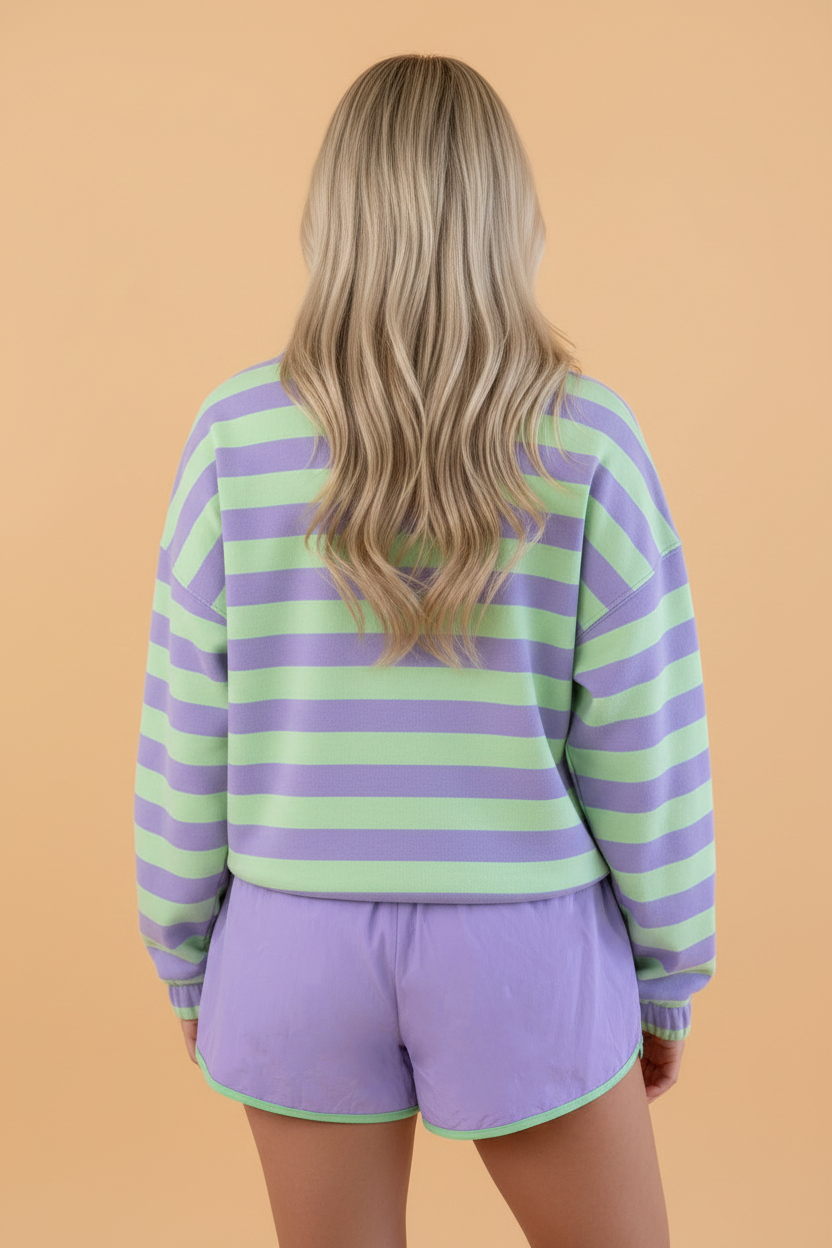 Stripe Half Button Long Sleeve Top and Shorts Set