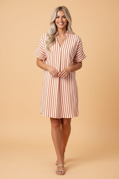 Stripe Pleated Frilled V-Neck Mini Dress