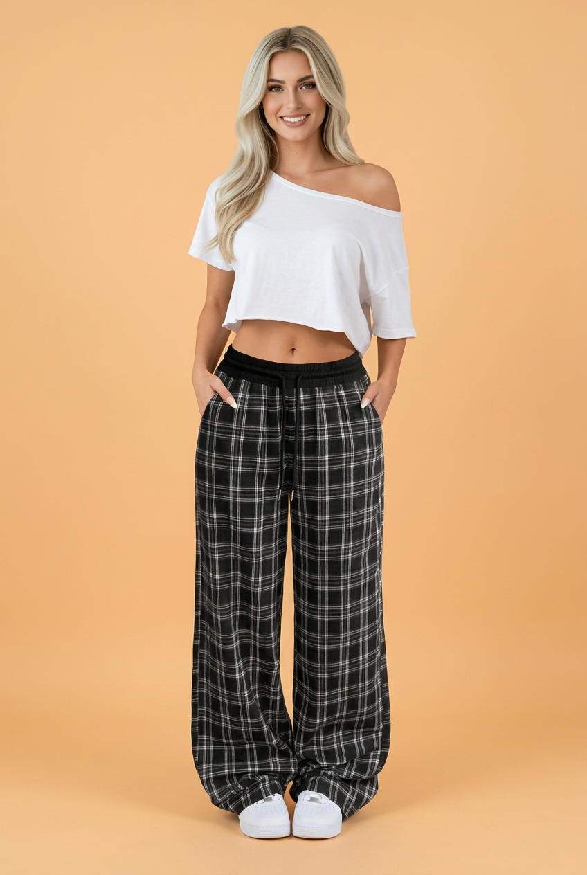 Plaid Frenchy Contrast Drawstring Waist Wide Leg Pants