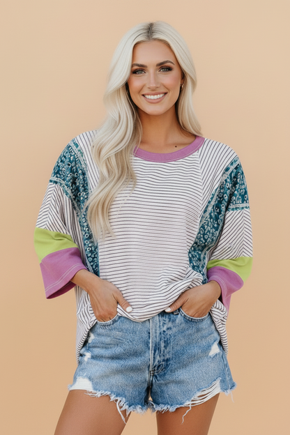 Floral Stripe Colorblock Raw Edge Patchwork Blouse
