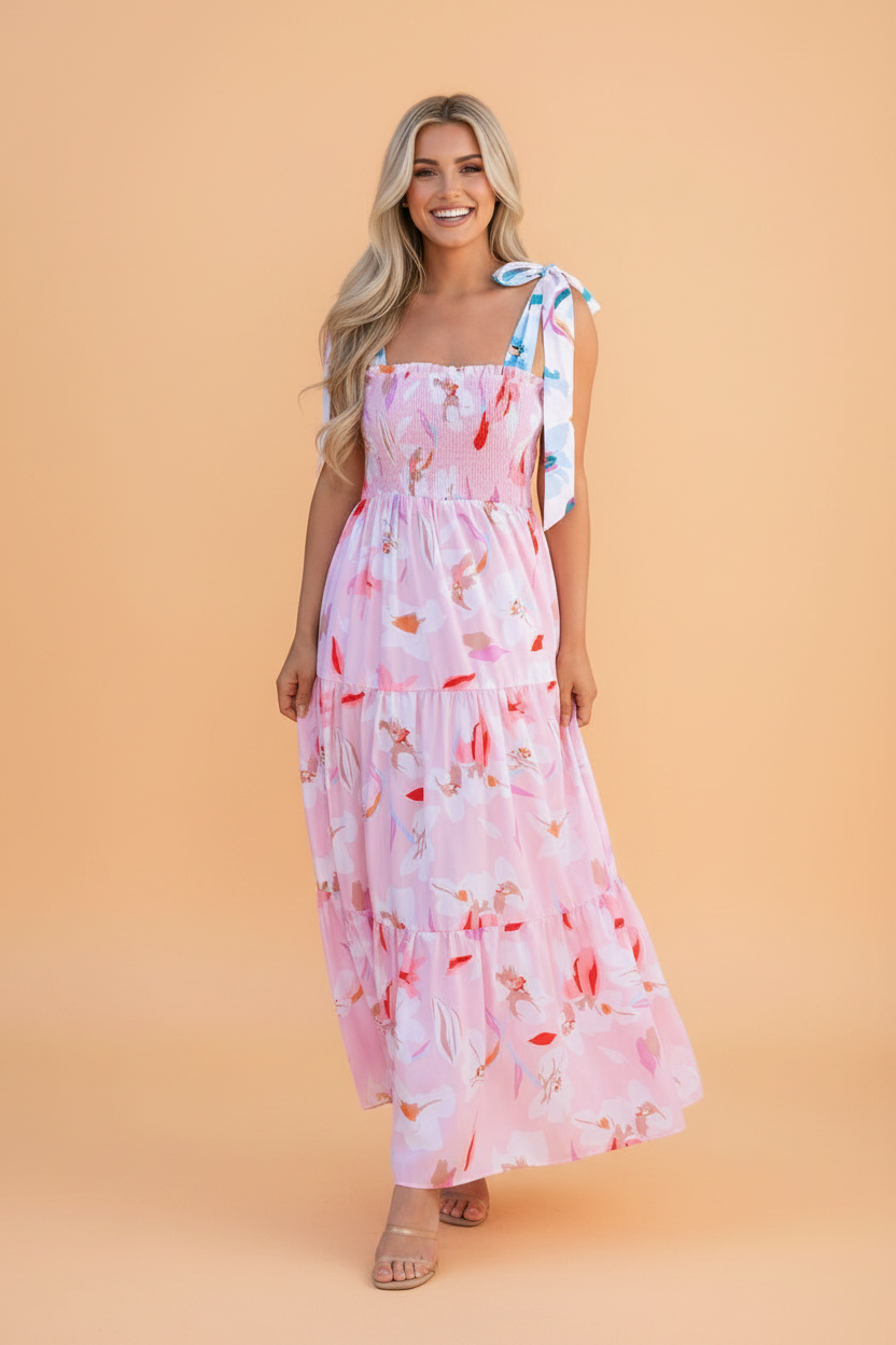 Floral Knotted Shoulder Smocked Maxi Dress