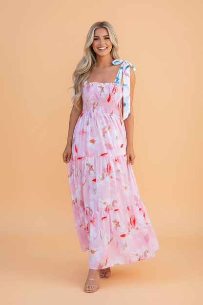 Floral Knotted Shoulder Smocked Maxi Dress