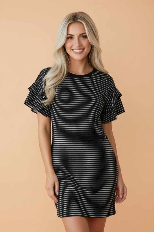 Stripe Ruffle Short Sleeve Crew Neck T-Shirt Mini Dress