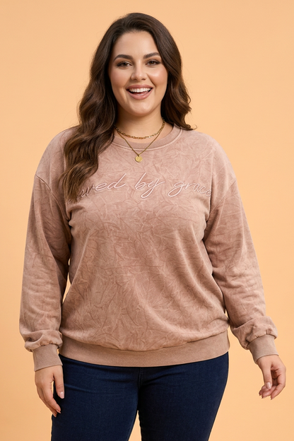 Plus Size Saved by Grace Embroidered Mineral Wash Sweatshirt