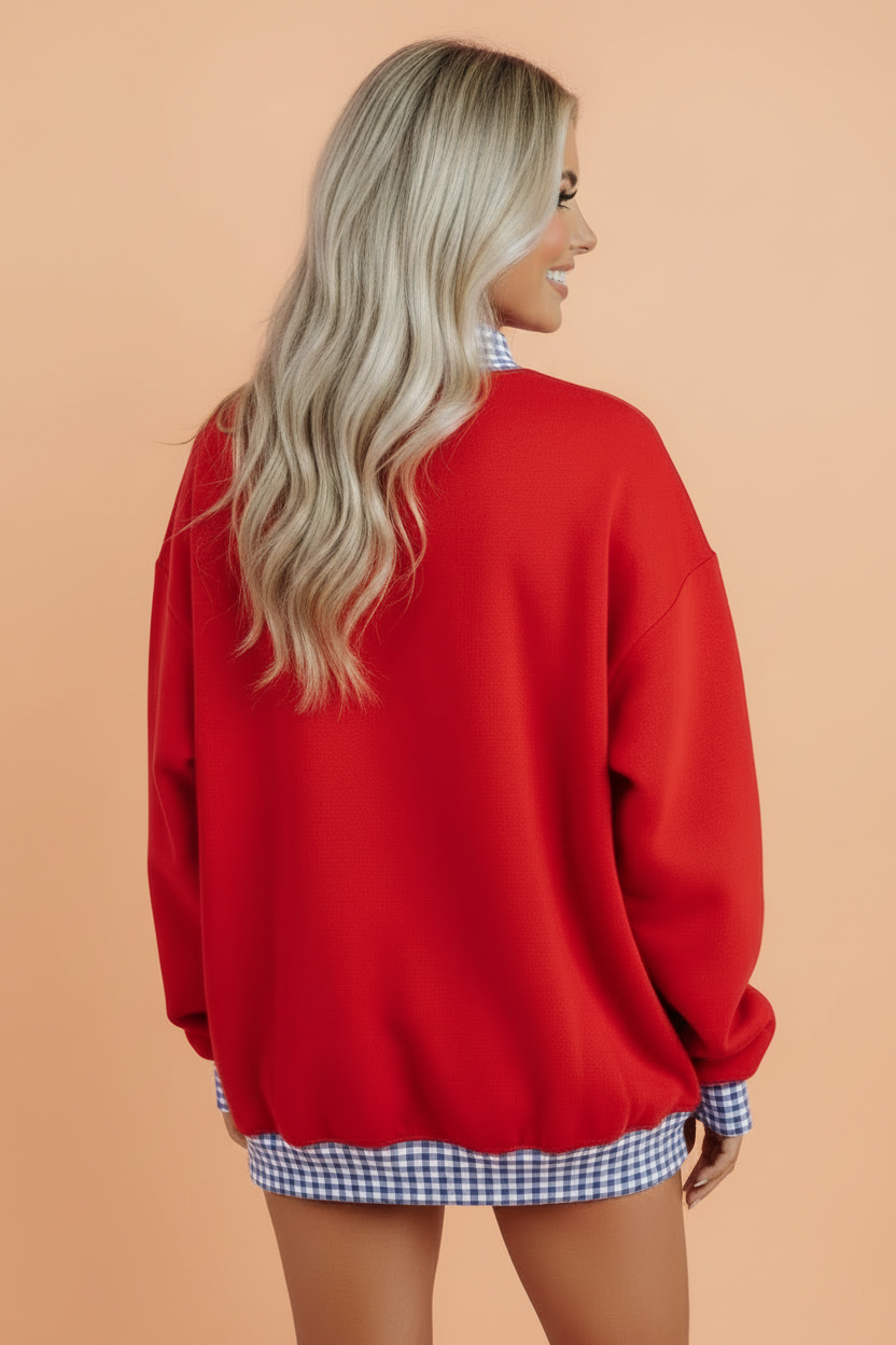 America Gingham Trim Baggy Graphic Sweatshirt