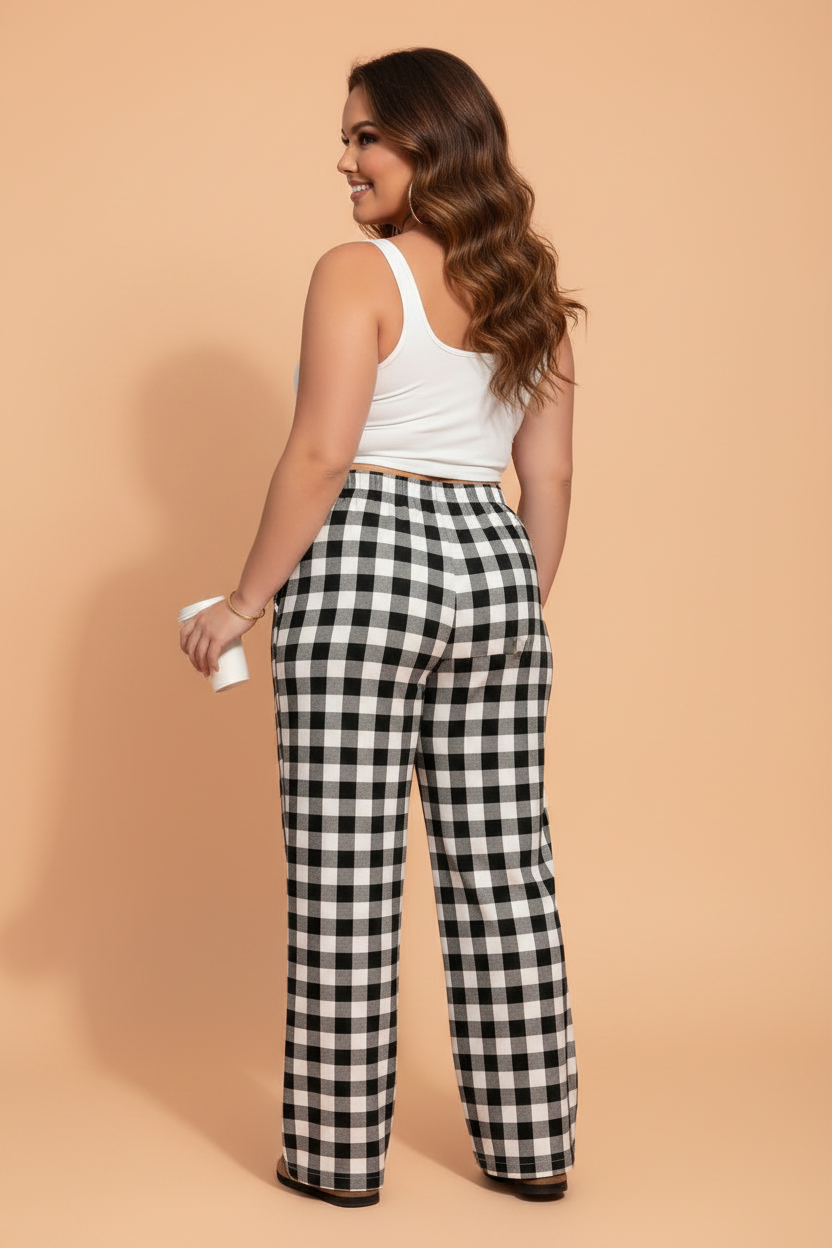 Plus Size Gingham Plaid Elastic Waist Pants