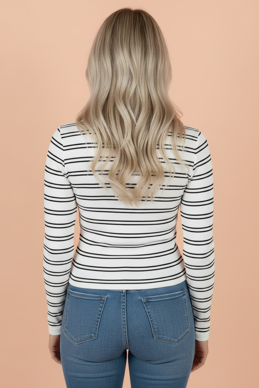 Stripe Ribbed Knit Round Neck Long Sleeve Top