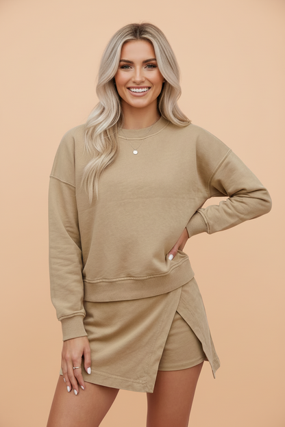 Solid Long Sleeve Top & Split Skort Set