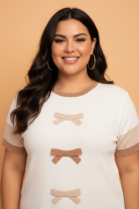 Plus Size Colorblock Bow Tie Corded Knit Top