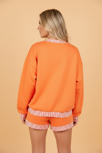Gingham Trim Baggy Pullover Sweatshirt & Shorts Set