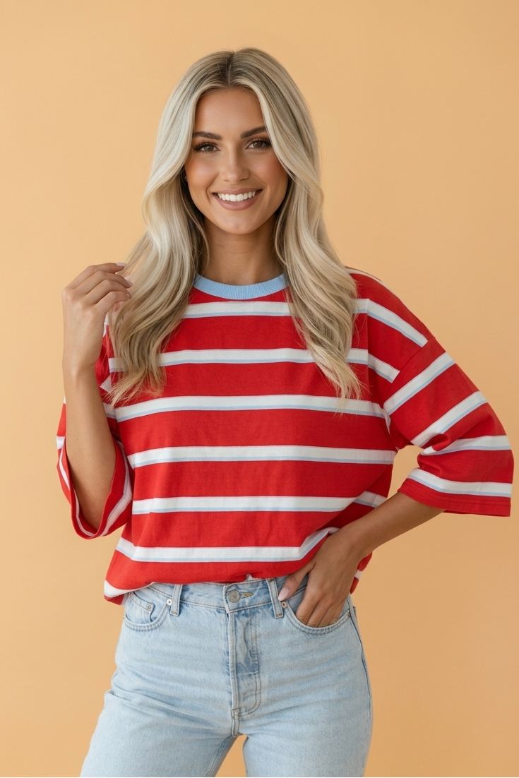 Stripe Bow Tie Hollow Back 3/4 Sleeve T-Shirt