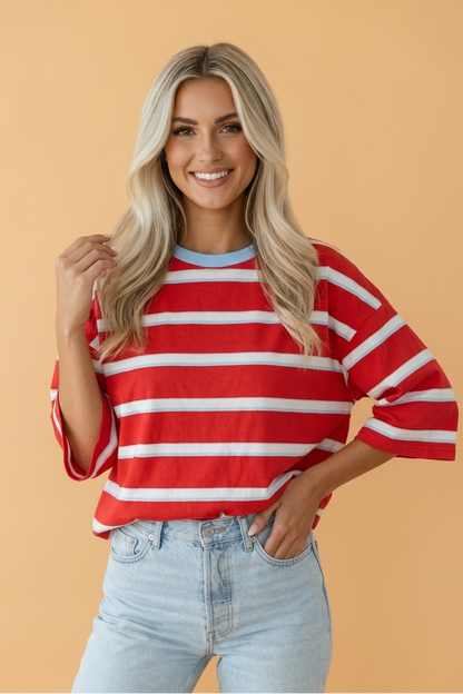 Stripe Bow Tie Hollow Back 3/4 Sleeve T-Shirt