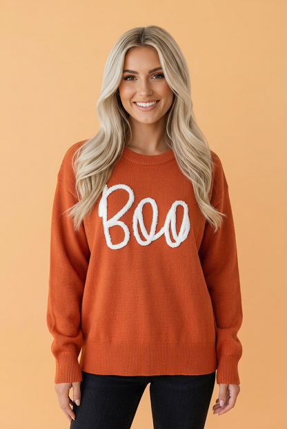 Halloween Boo Drop Shoulder Ribbed Trim Sweater