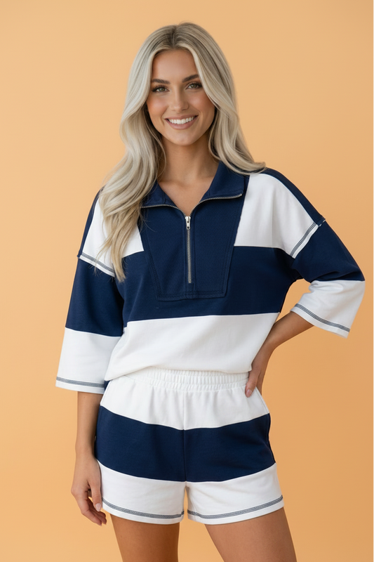 Exposed Seam 3/4 Sleeve Top & Elastic Waist Shorts Set