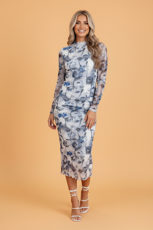 Floral Mesh Long Sleeve Midi Dress