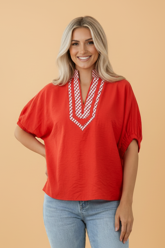 Gingham Collared V-Neck Short Sleeve Tunic Blouse