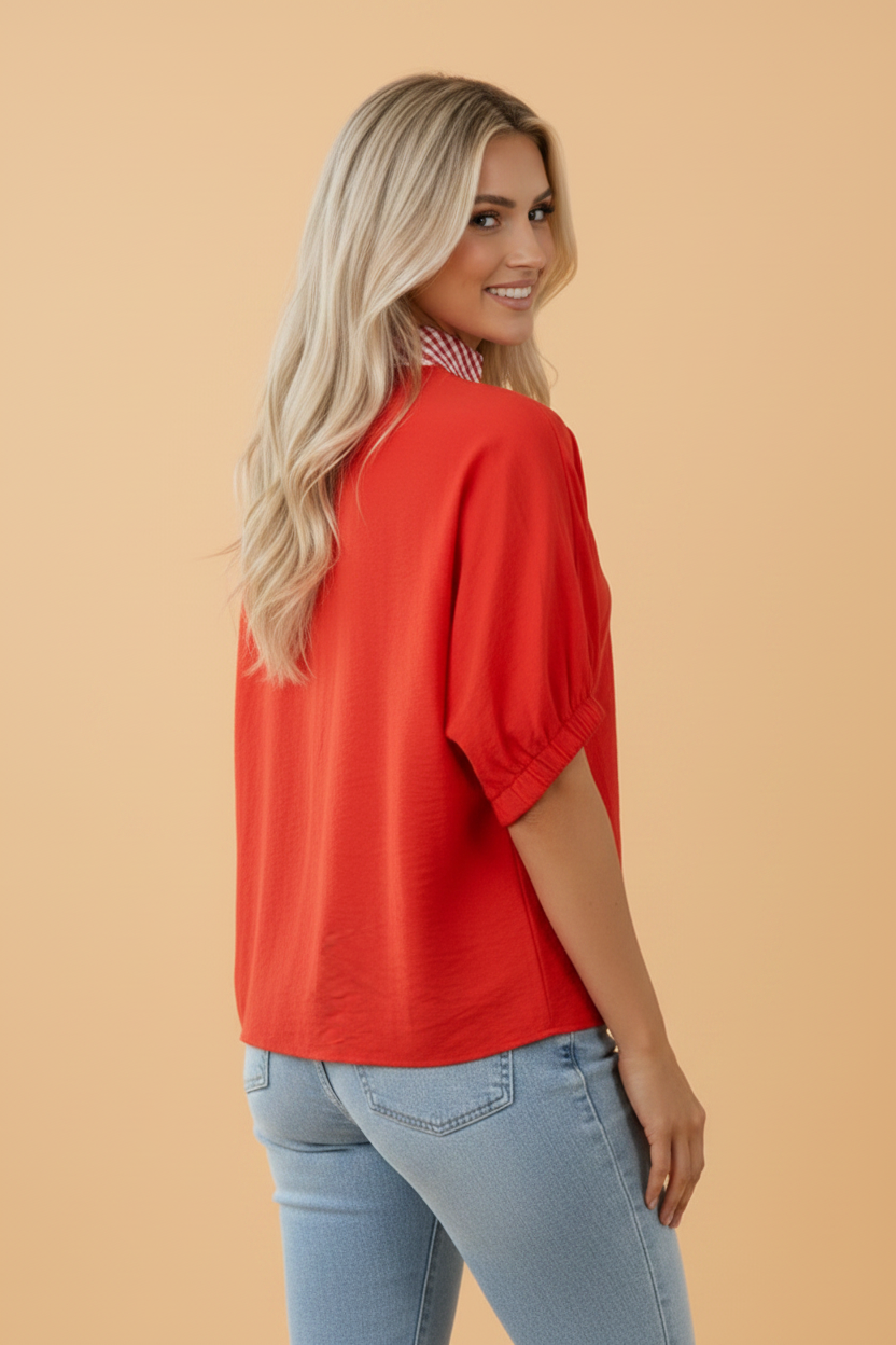 Gingham Collared V-Neck Short Sleeve Tunic Blouse