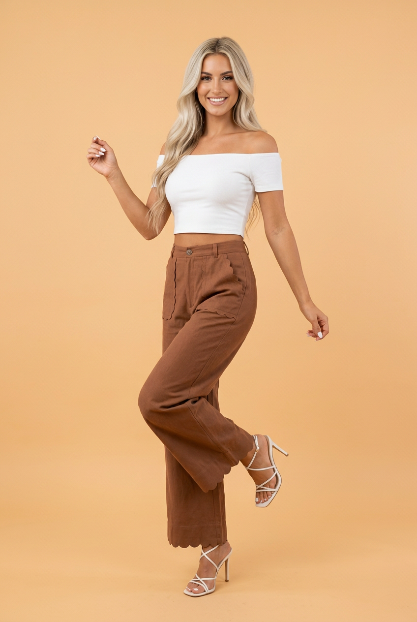Solid Scalloped Edge Pocketed High Waist Pants