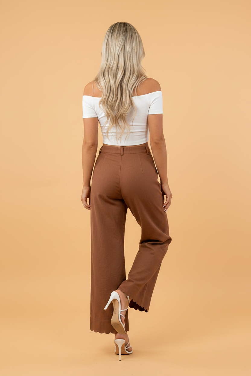 Solid Scalloped Edge Pocketed High Waist Pants