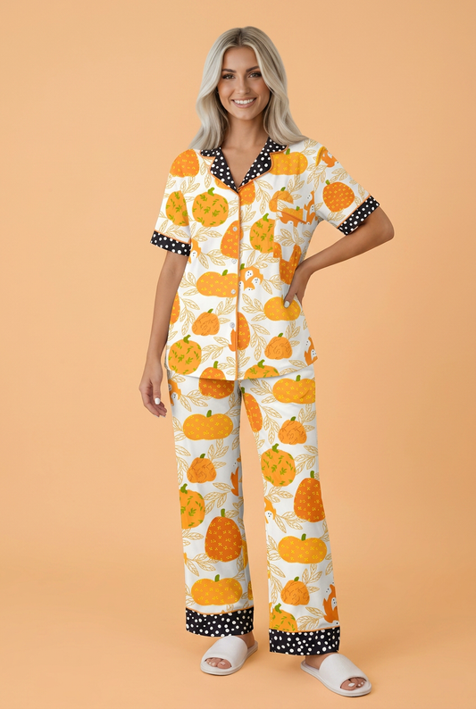 Pumpkin Polka Dot Trim Top & Pants Lounge Set