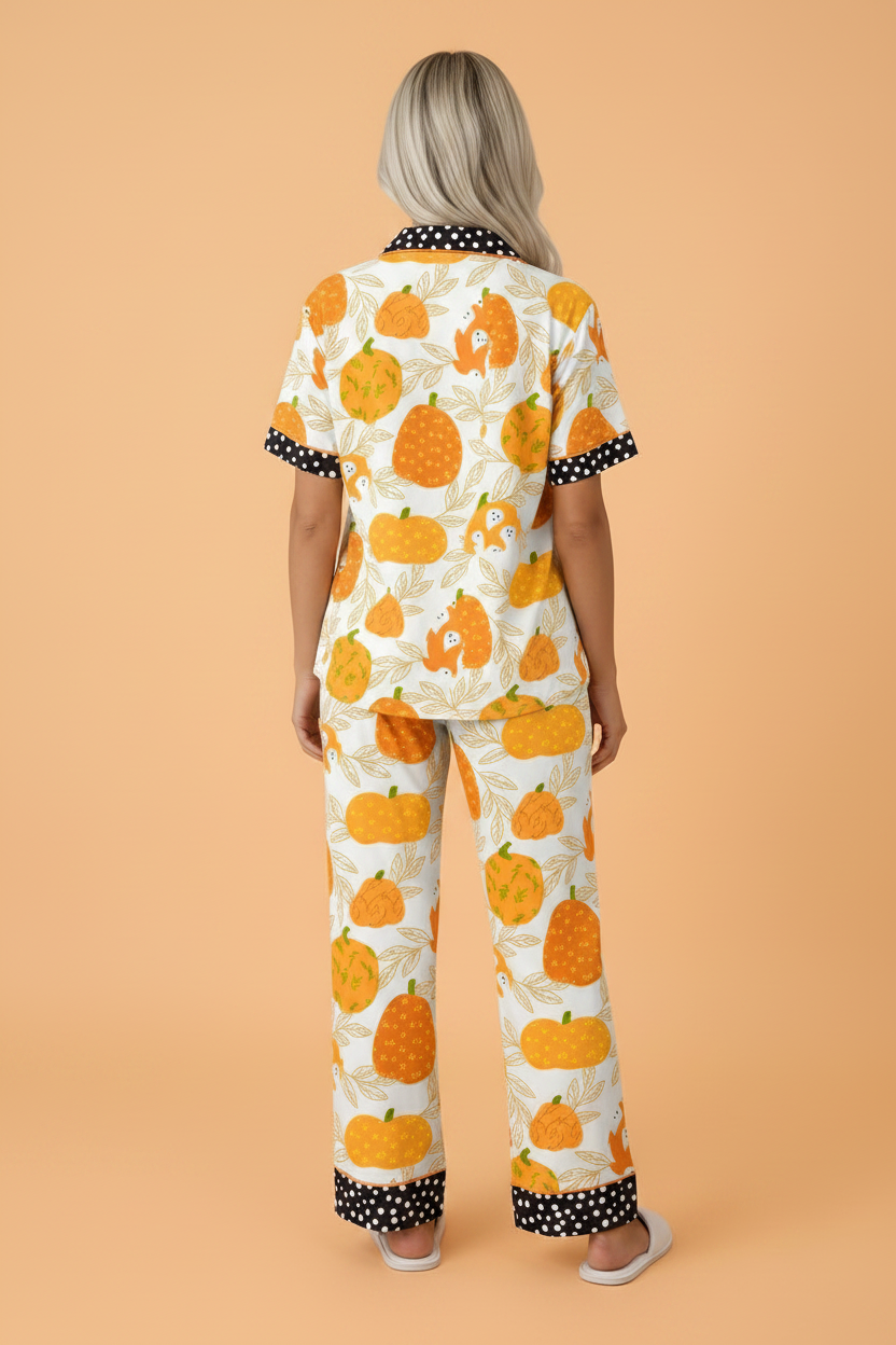 Pumpkin Polka Dot Trim Top & Pants Lounge Set