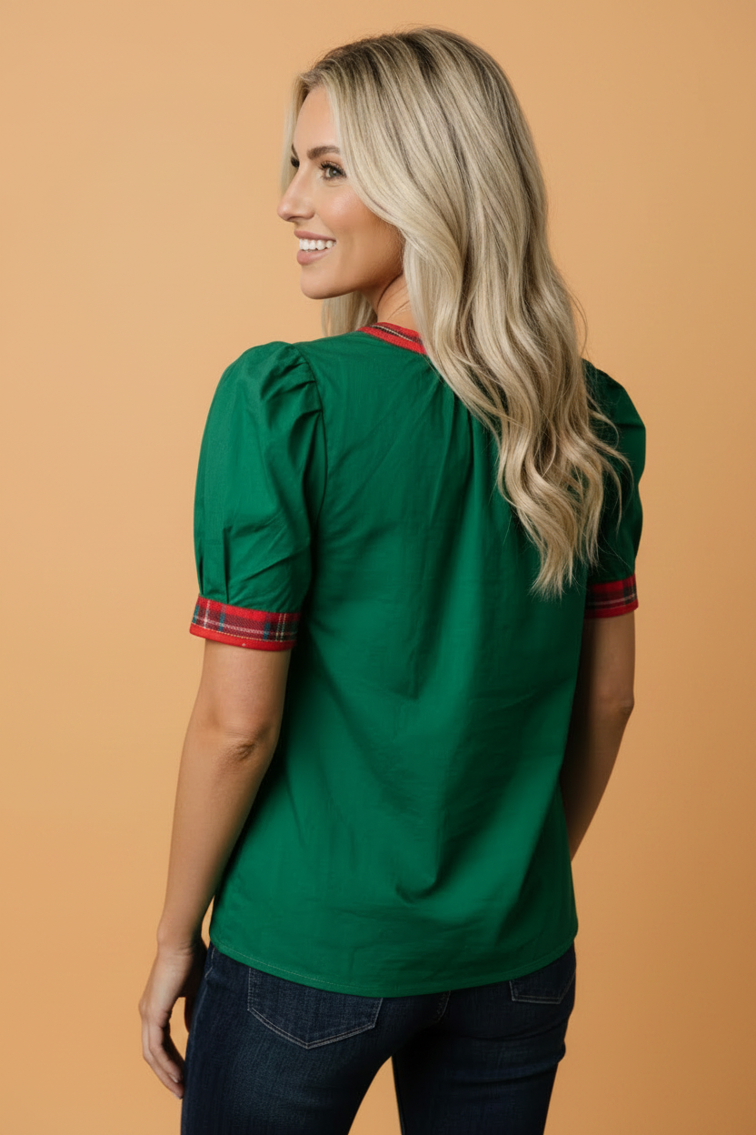 Plaid Contrast Trim V-Neck Short Sleeve Blouse