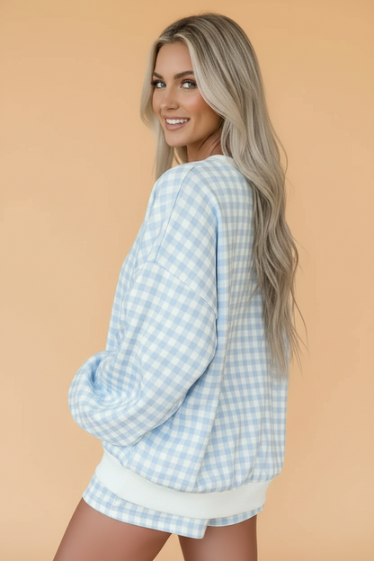 Gingham Contrast Trim Pullover Top & Shorts Set