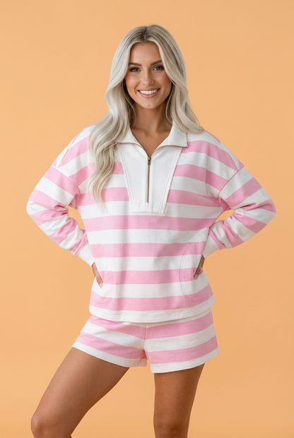 Stripe Patchwork Quarter Zip Pullover & Shorts Set