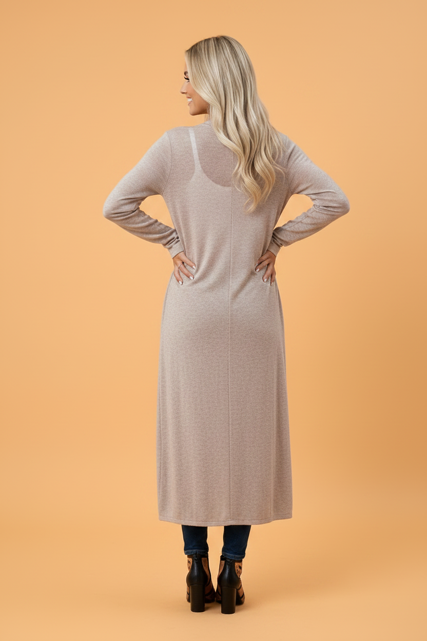 Solid Long Sleeve Open Front Tunic Cardigan