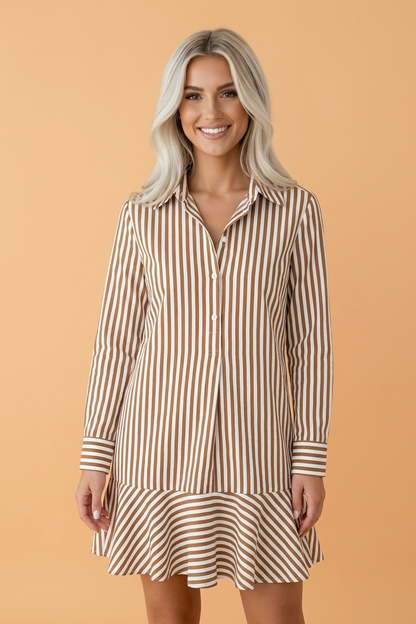 Stripe Ruffle Hem Long Sleeve Mini Dress