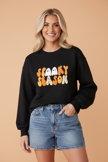 Halloween Spooky Season Embroidered Long Sleeve Sweatshirt