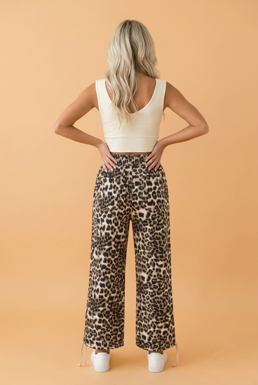 Leopard Drawstring Elastic Waist Pocket Denim Jogger Jeans