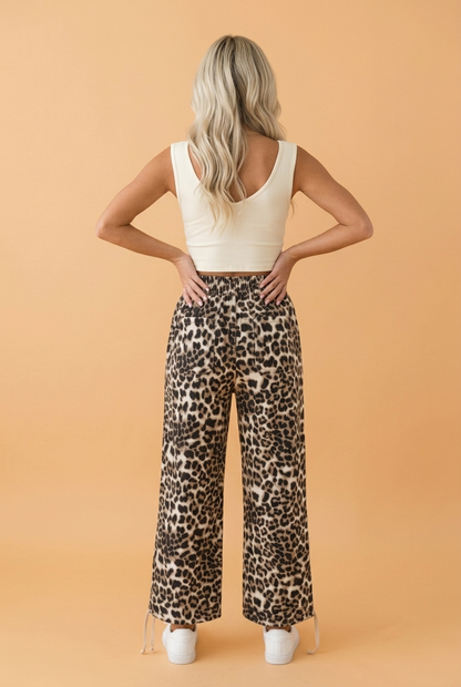 Leopard Drawstring Elastic Waist Pocket Denim Jogger Jeans