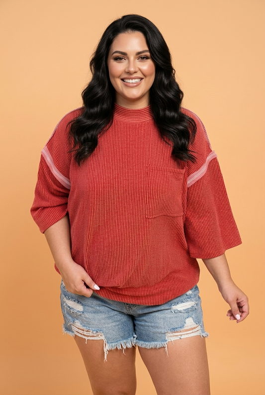 Plus Size Corded Knit Round Neck 3/4 Sleeve Blouse