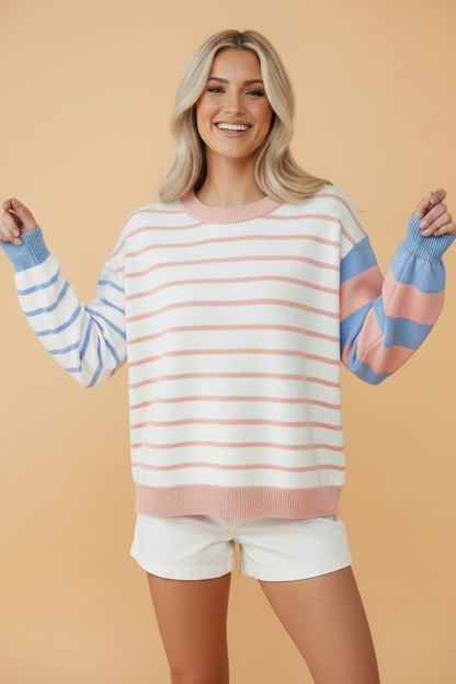 Colorblock Stripe Drop Shoulder Puff Sleeve Sweater