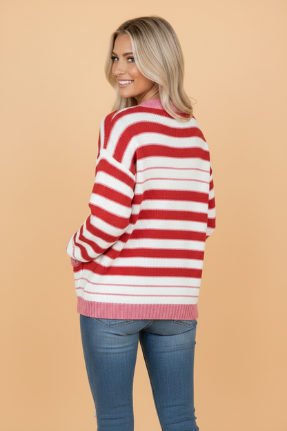 Stripe V-Neck Long Sleeve Button Front Cardigan
