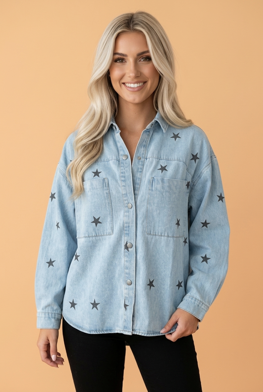 Star Denim Chest Pockets Long Sleeve Shacket