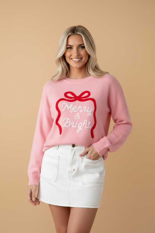 Christmas Bow Merry & Bright Bouclé Textured Sweater