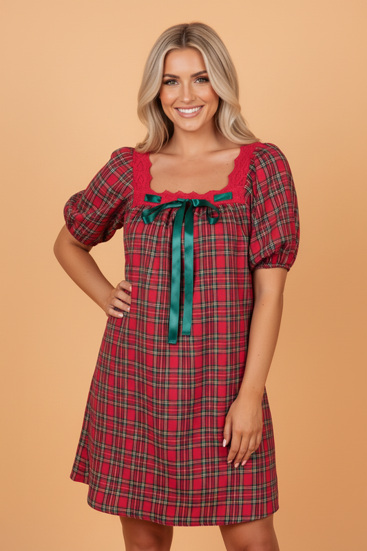Plaid Lace Trim Square Neck Mini Babydoll Dress