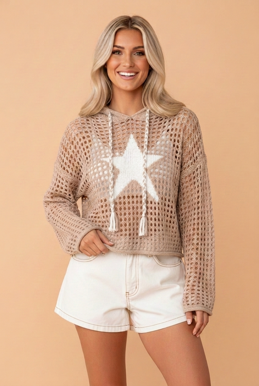 Star Patch Crochet Drawstring Hoodie Sweater