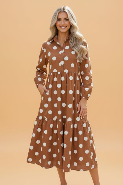 Polka Dot Buttoned Long Sleeve Tiered Midi Dress