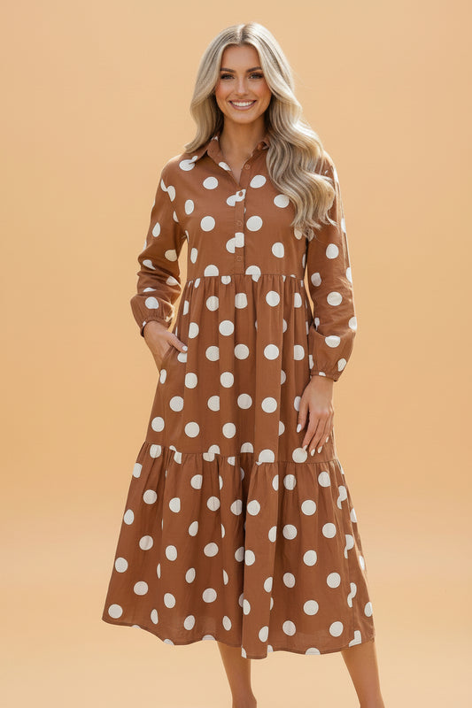 Polka Dot Buttoned Long Sleeve Tiered Midi Dress