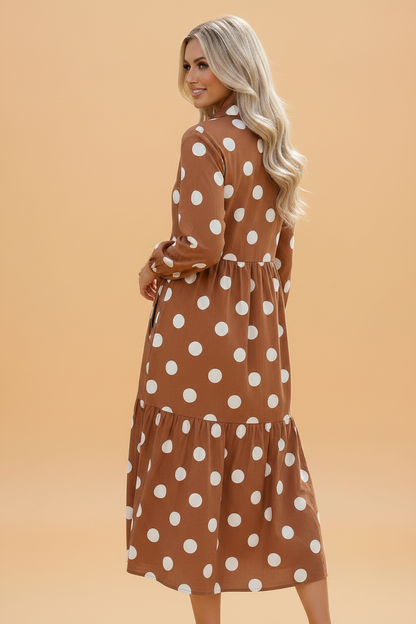 Polka Dot Buttoned Long Sleeve Tiered Midi Dress