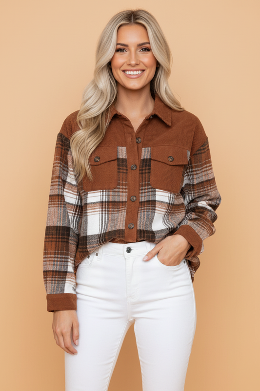 Plaid Corduroy Patchwork Chest Pocket Buttoned Shacket