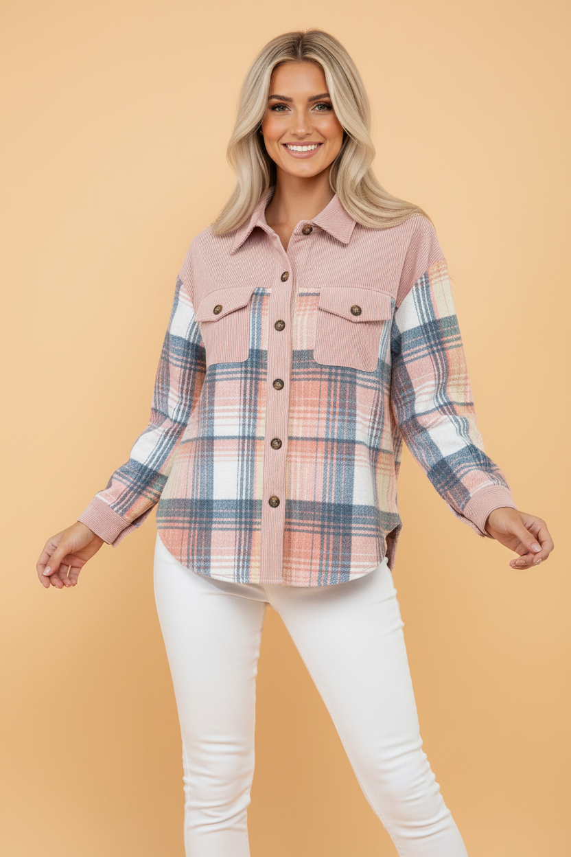 Plaid Corduroy Patchwork Chest Pocket Buttoned Shacket
