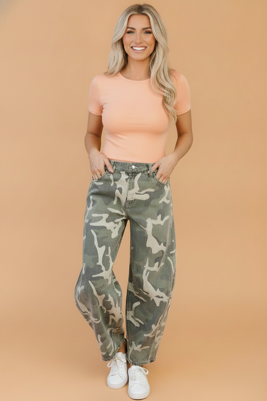 Camo Denim Button Fly Straight Leg Jeans