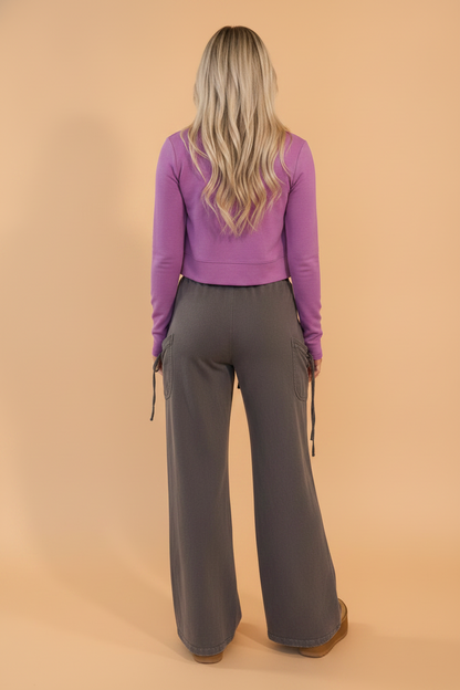 Solid Mineral Wash Drawstring Cargo Pocket Pants