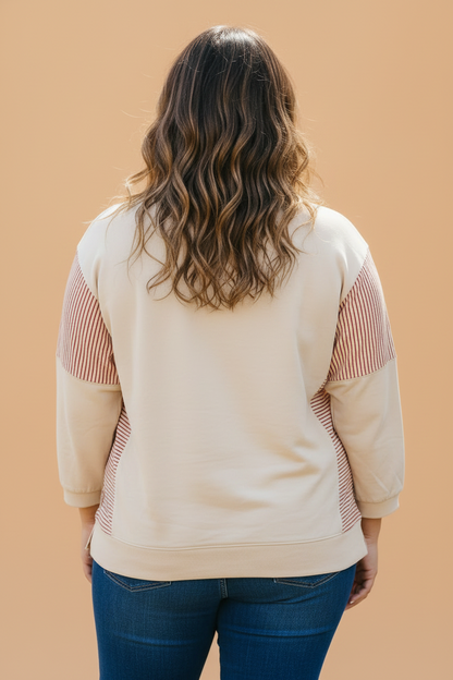 Plus Size Stripe Gingham Bow Patchwork 3/4 Sleeve Top