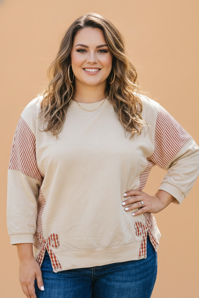 Plus Size Stripe Gingham Bow Patchwork 3/4 Sleeve Top