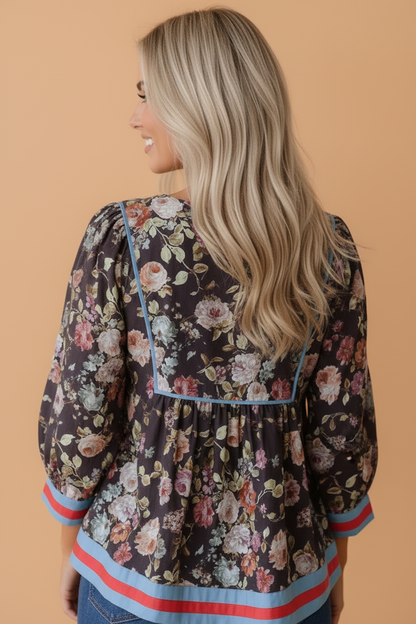 Floral Contrast Trim Tie V-Neck 3/4 Sleeve Blouse